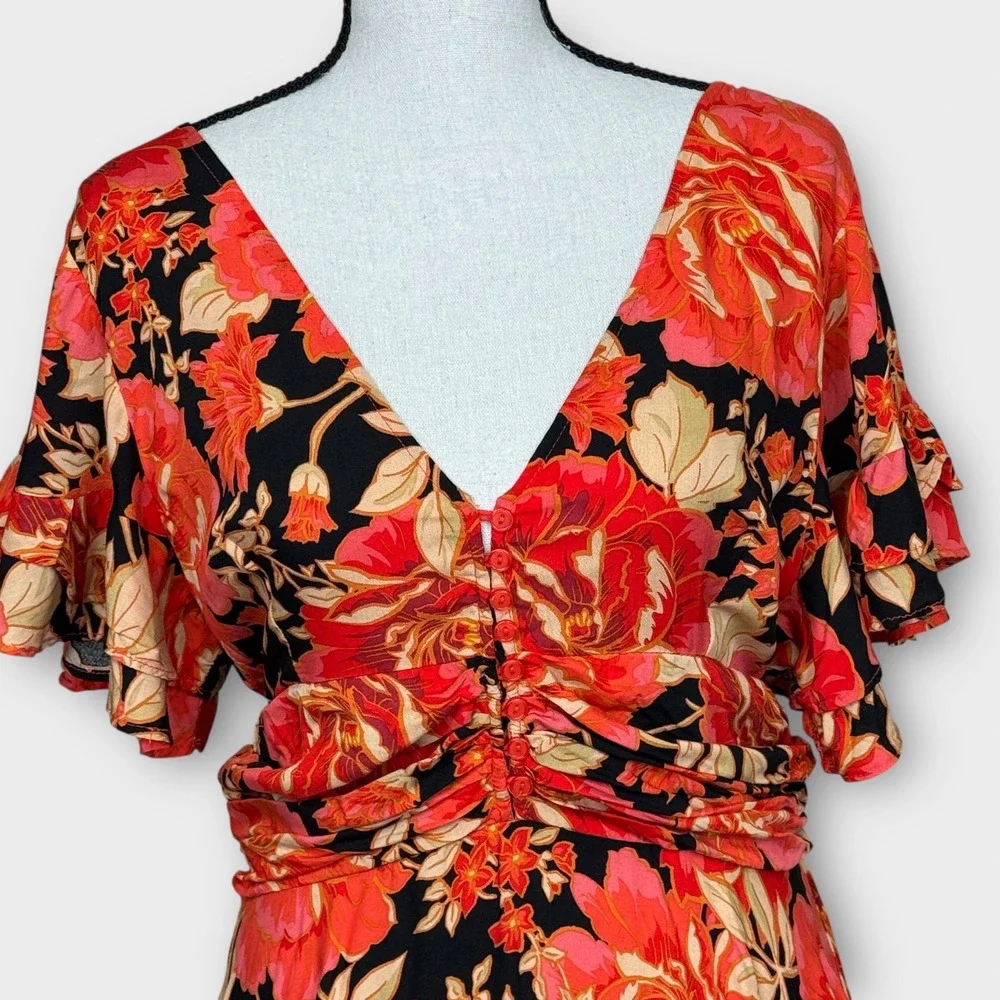 Anthropologie NWT Abel the Label‎ Maxi Dress S Red Floral Smocked Waist Ruffle